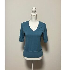 Athleta Women's V-Neck Blue Shirt, Size XS, Ribbed Sleeves & Bottom